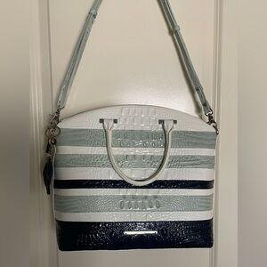 BRAHMIN Striped Patent Satchel Handbag in White, Light Blue and Navy